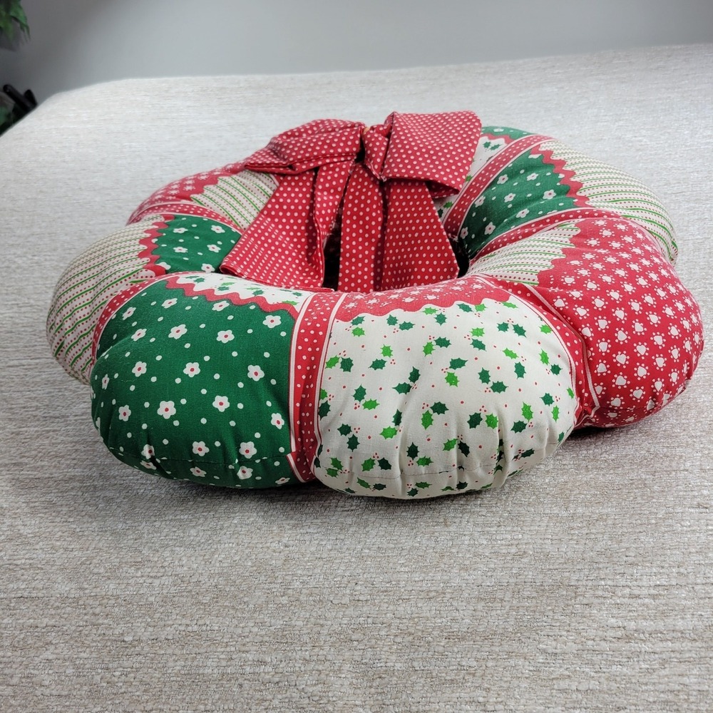 Patchwork Fabric Christmas Wreath 19" Red Green Stuffed Polka Dots Bow Vintage